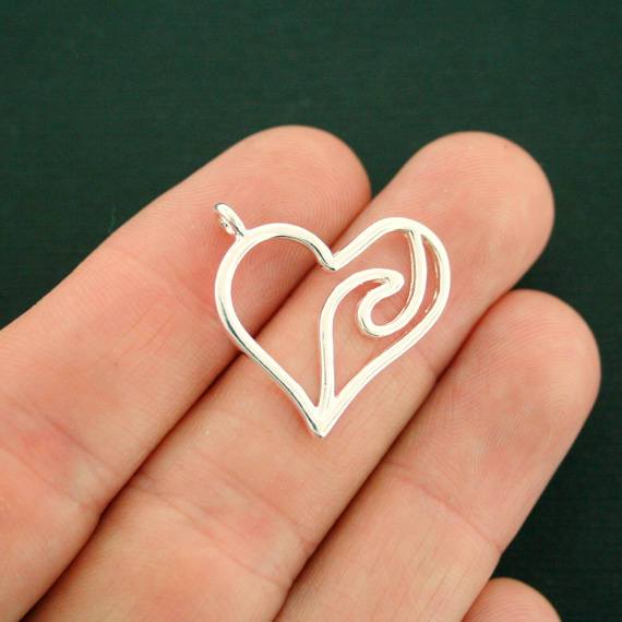 4 Wave Heart Silver Tone Charms - SC7334