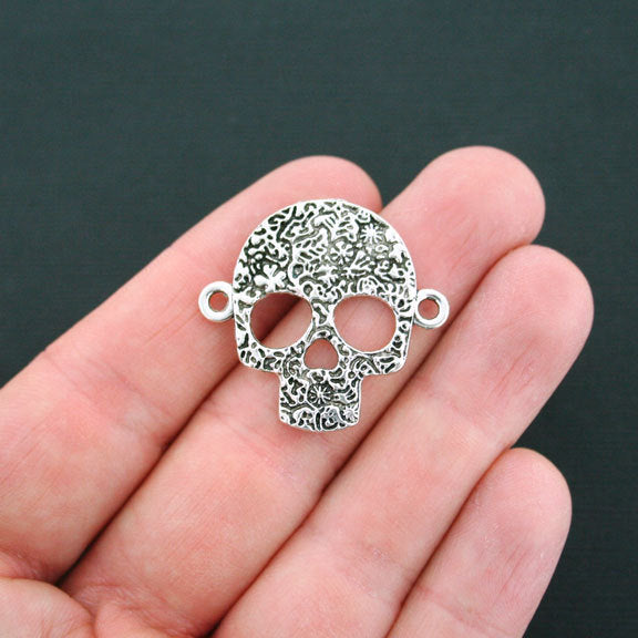 4 Skull Connector Antique Silver Tone Charms - SC2493