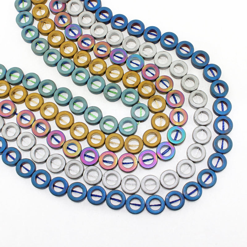 Open Circle Hematite Beads 8mm x 3mm - Assorted Frosted Colors - 25 Beads - BD1377