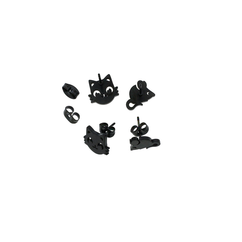 Boucles d'oreilles en acier inoxydable noir Gunmetal - clous de chat et de souris - 11 mm x 9 mm - 2 pièces 1 paire - ER602