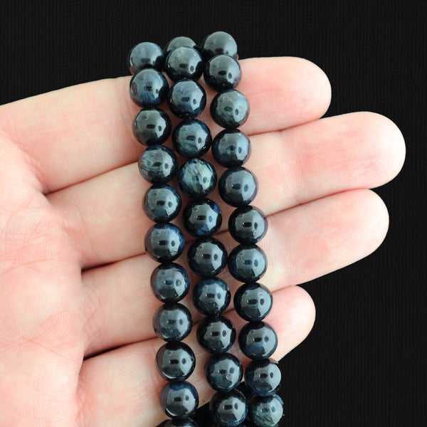 Perles rondes en oeil de tigre naturel 8 mm - Bleu teint - 1 brin 50 perles - BD1622