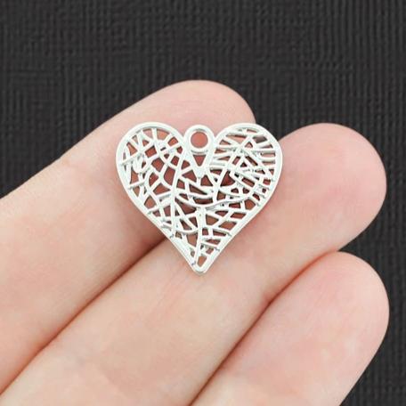 4 Filigree Heart Silver Charms 2 Sided - SC8070