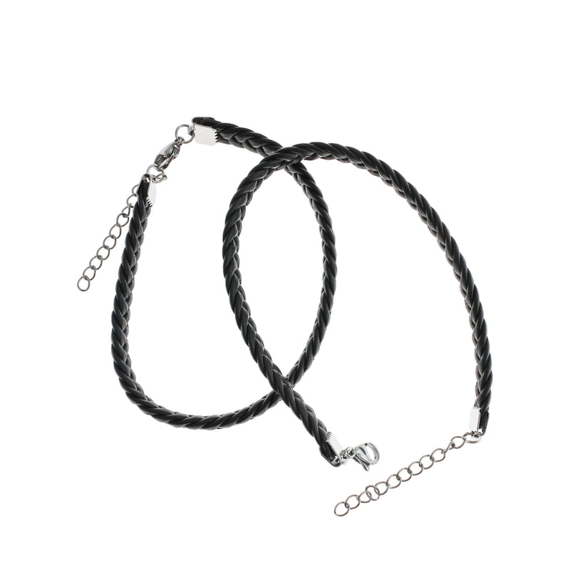 Black Faux Leather Braided Bracelet 7" Plus Extender - 3mm - 1 Bracelet - N804