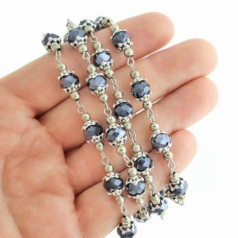 BULK Beaded Rosary Chain - 8mm Rondelle Black Glass & Silver Tone - 3.3ft or 1m - RC050
