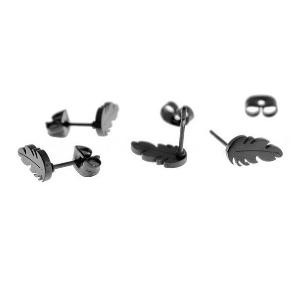 Gunmetal Black Stainless Steel Earrings - Feather Studs - 11mm x 5mm - 2 Pieces 1 Pair - ER639