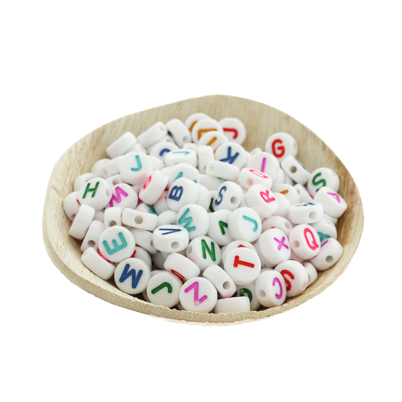 Flat Round Alphabet Acrylic Beads 10mm - Assorted Letters and Colors - 50 Beads - BD2667
