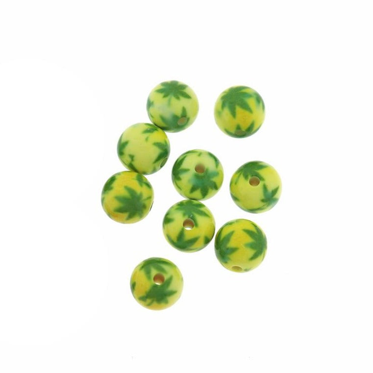 Perles Acryliques Rondes 10mm - Feuille Verte Mauvaises Herbes - 10 Perles - BD031