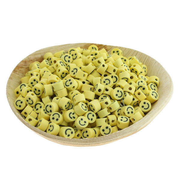 Perles Rondes Plates en Pâte Polymère 5mm x 3mm - Happy Face - 50 Perles - BD828