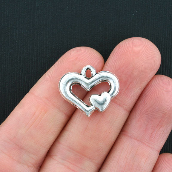 5 Heart Antique Silver Tone Charms 2 Sided - SC3533