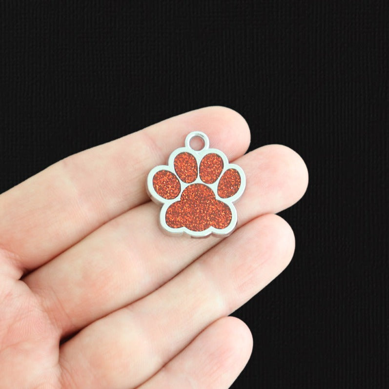 2 Red Glitter Dog Paw Silver Tone Enamel Charms - E1518