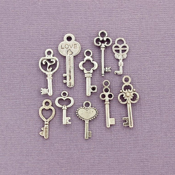 Key Charm Collection Antique Silver Tone 10 Different Charms - COL106H