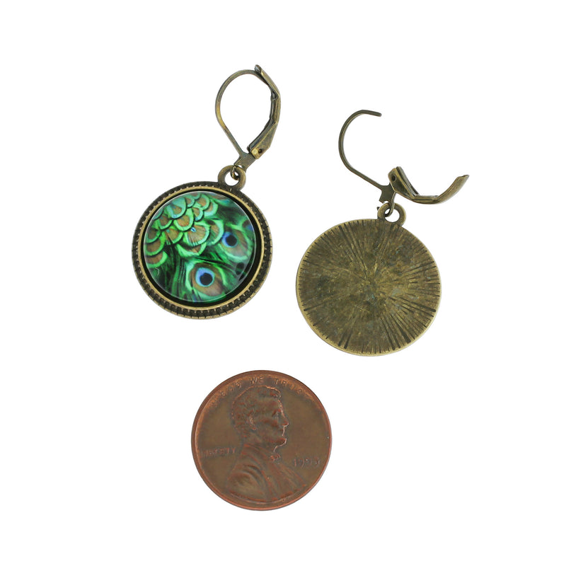 Boucles d'oreilles en verre de paon - Dos de levier de ton bronze antique - 2 pièces 1 paire - ER244