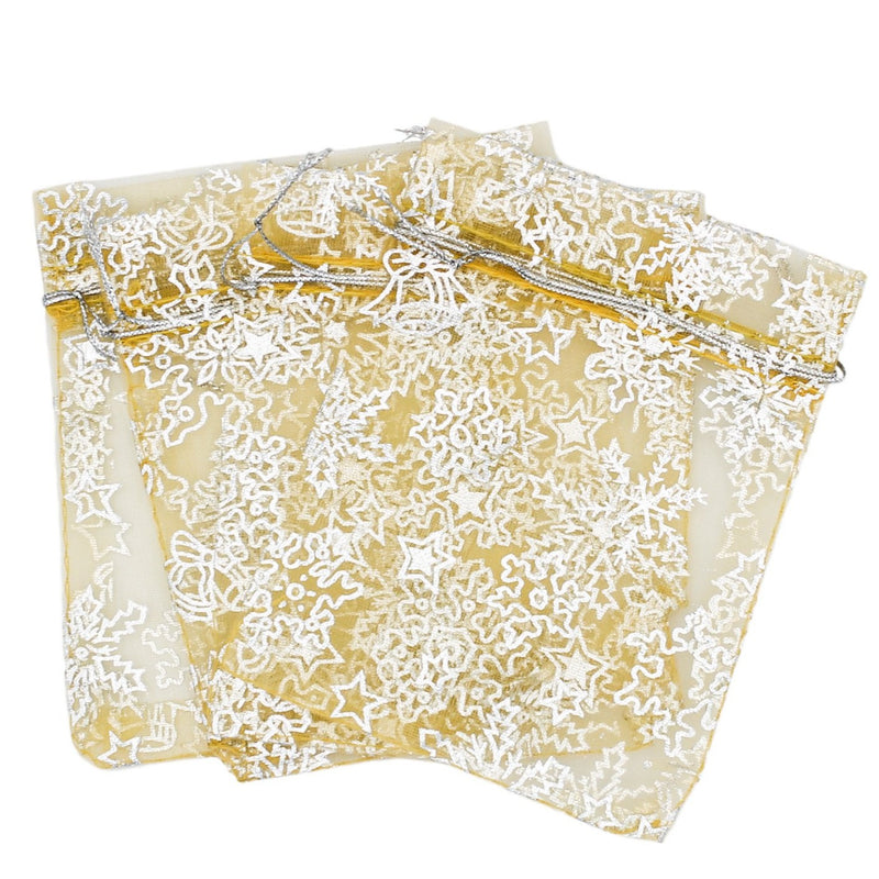 10 Yellow Snowflake Organza Drawstring Bags 12cm x 10cm - TL182