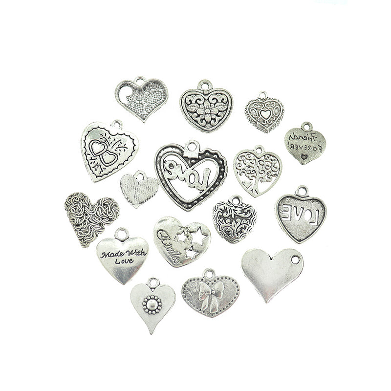 Heart Charm Collection Antique Silver Tone 16 Different Charms - COL378H