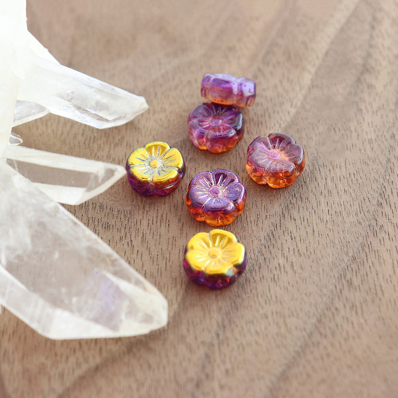 Hawaiian Flower Czech Pressed Glass Beads 12mm - Dual Metallic Sunset - 10 Beads - CB114