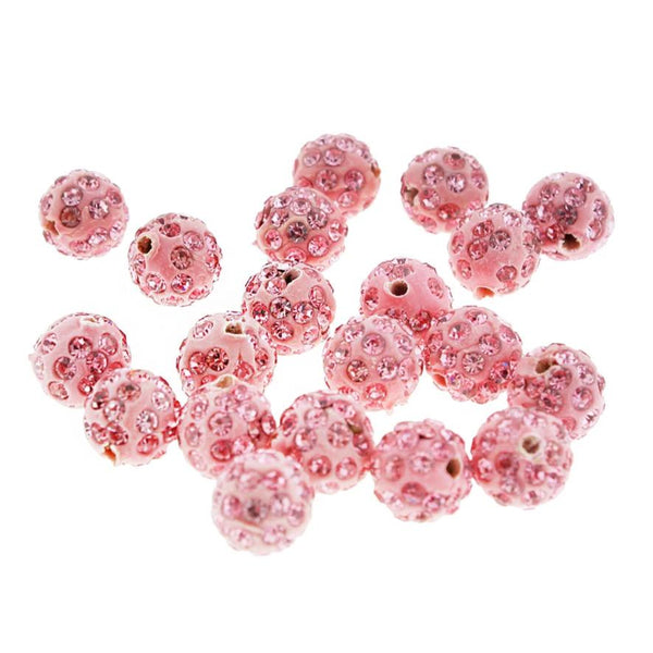 Perles Rondes Strass Pâte Polymère 10mm - Rose Clair Scintillant - 15 Perles - BD256