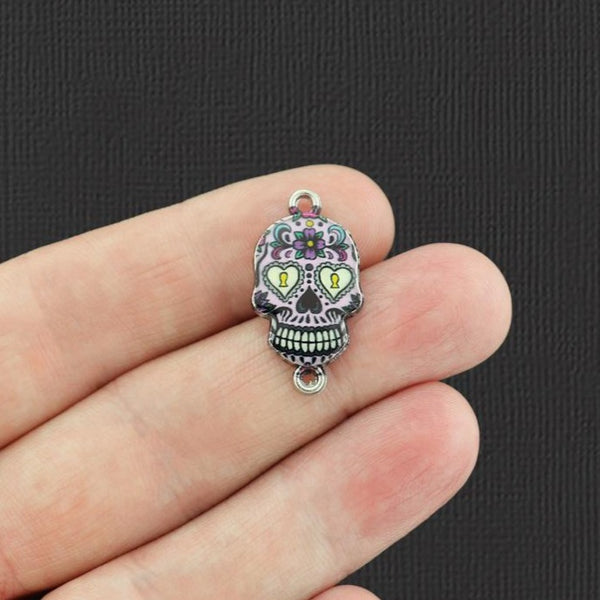 2 Floral Skull Connector Silver Tone Enamel Charms - E099