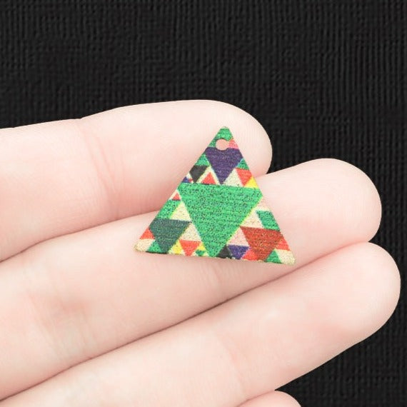 2 Green Triangle Gold Tone Enamel Charms - E1361