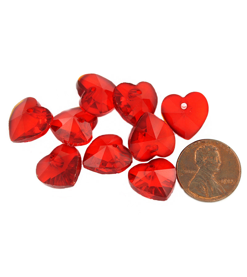 Heart Glass Beads 14mm - Ruby Red - 10 Beads - BD1508