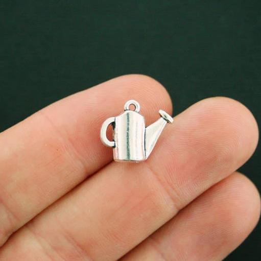 6 Watering Can Antique Silver Tone Charms 2 Sided - SC3158