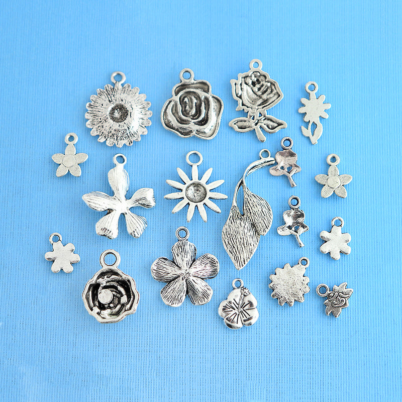 Deluxe Flower Charm Collection Antique Silver Tone 18 Charms - COL084
