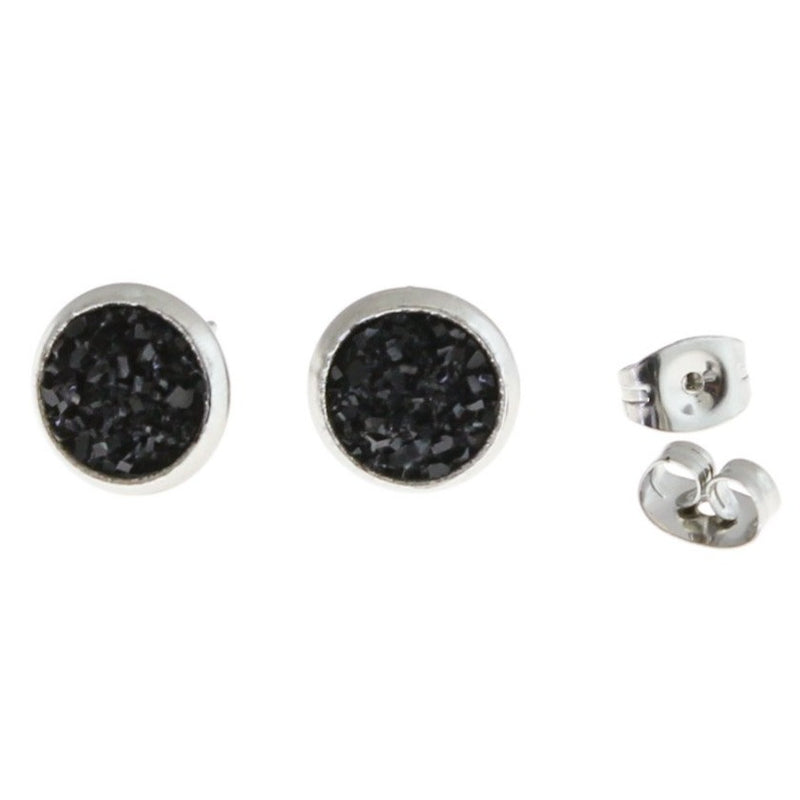 Black Druzy Earrings - Stainless Steel Stud - 8mm - 2 Pieces 1 Pair - ER217