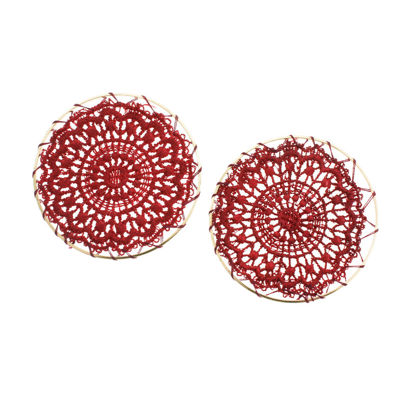 2 Red Woven Lace Flower Gold Tone Pendants - TSP219-D