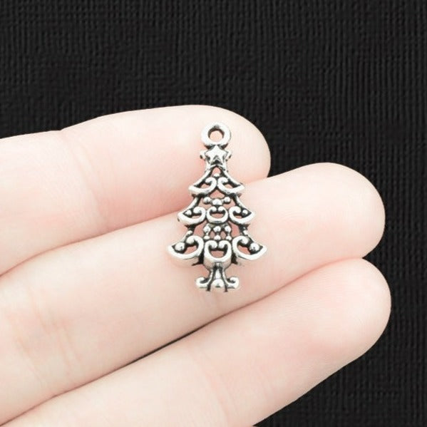 10 Christmas Tree Antique Silver Tone Charms - XC015