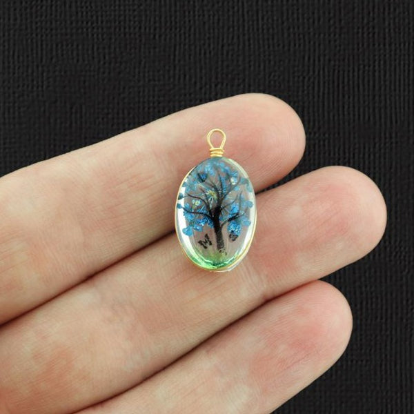 2 pendentifs en verre fleur pressé arbre de vie bleu - Z1441