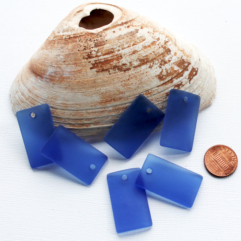 2 Deep Blue Curved Rectangle Cultured Sea Glass Charms - U049