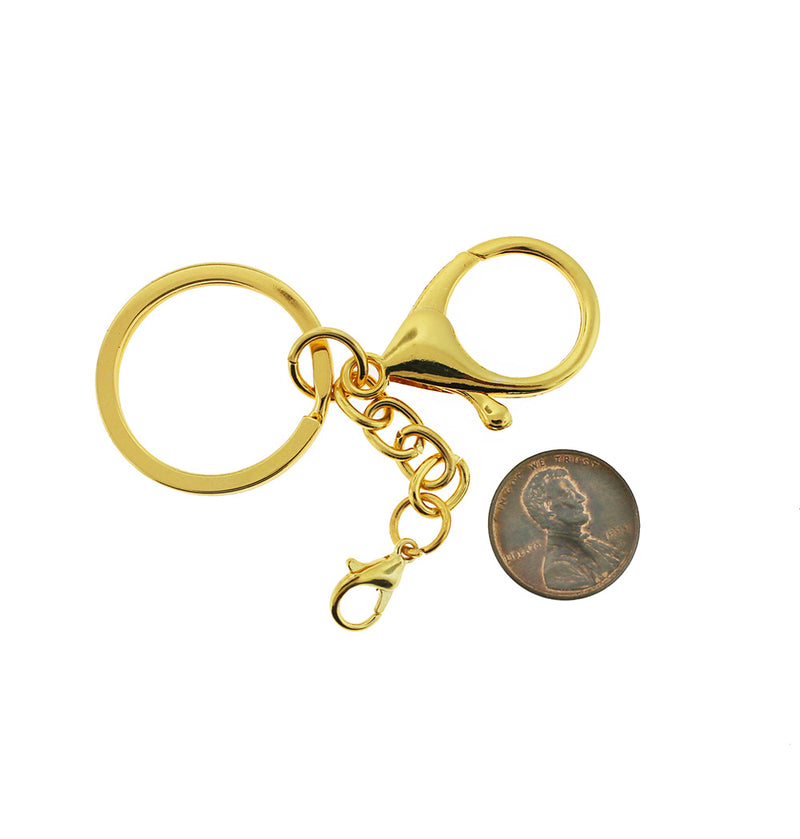 Gold Tone Key Rings with 2 Lobster Clasps and Attached Chain - 30mm - 2 Pieces - FD839