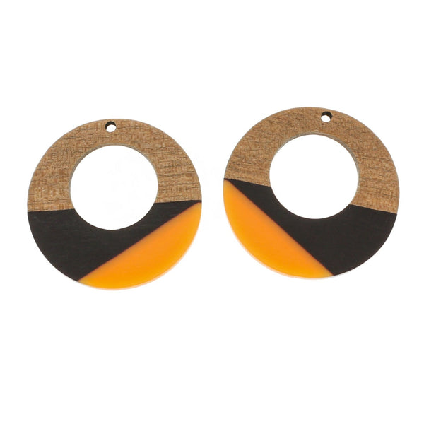 Ring Natural Wood and Resin Charm 38mm - Black and Orange - WP569