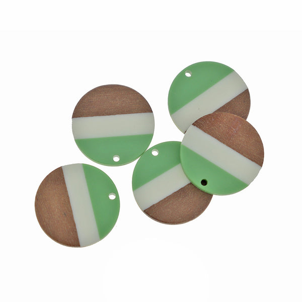 2 Round Natural Wood and Green Resin Charms 28mm - WP121