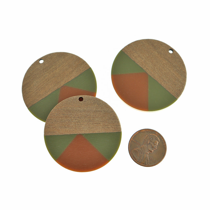 Round Natural Wood and Resin Charm 38mm - Green and Brown - WP526