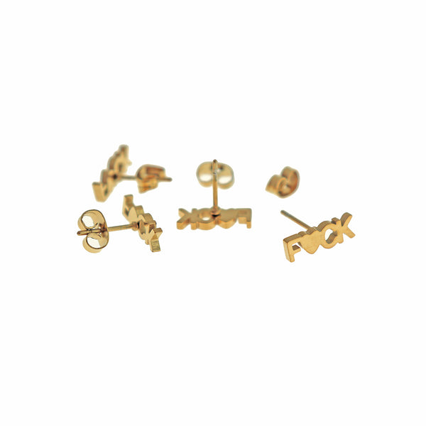 Gold Tone Stainless Steel Earrings - F*ck Studs - 12mm x 4mm - 2 Pieces 1 Pair - ER849