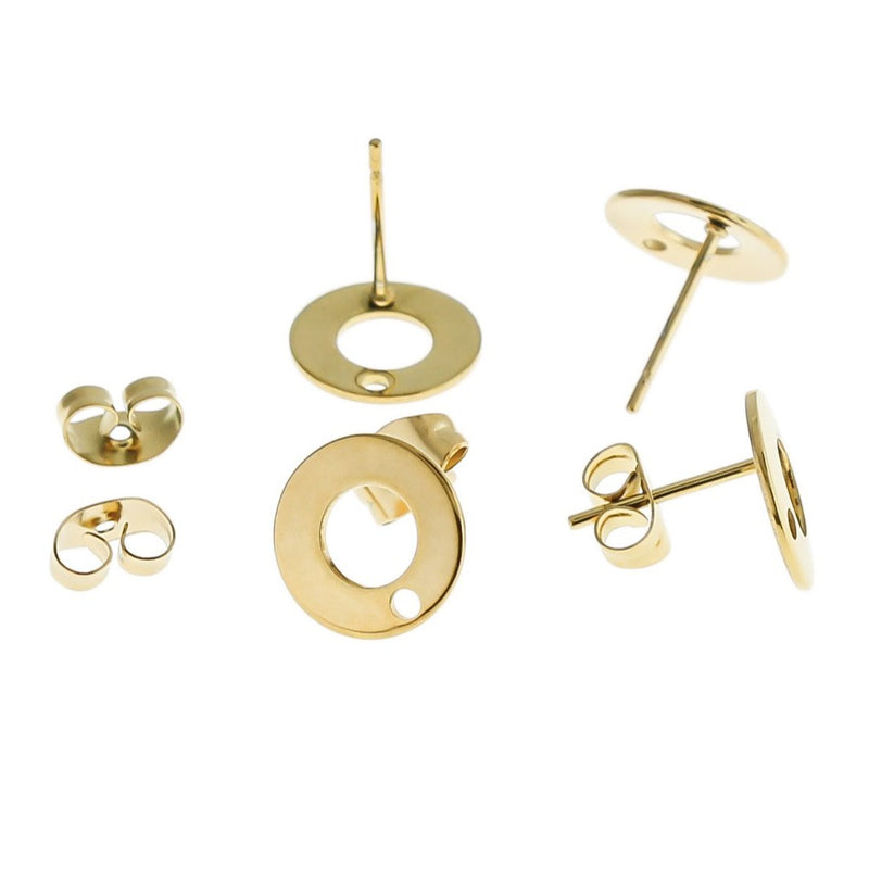 Gold Stainless Steel Earrings - Circle Studs With Loop - 10mm - 2 Pieces 1 Pair - ER323