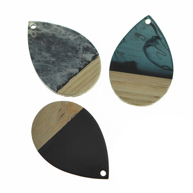 2 Teardrop Natural Wood and Black Swirled Resin Charms 36mm - WP473