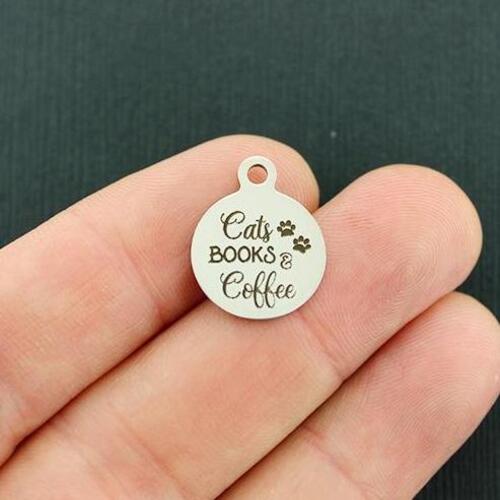 Cats, Books & Coffee Stainless Steel Small Round Charms - BFS002-4540