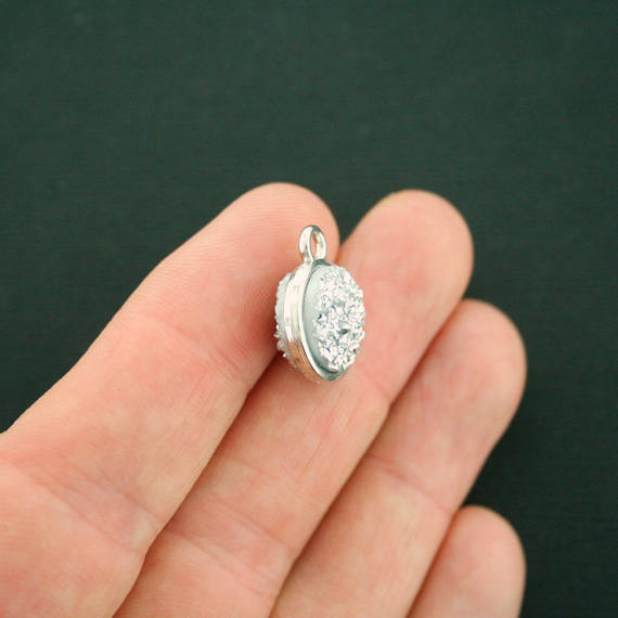 4 Druzy Silver Tone and Resin Cabochon Charms - 2 Sided - Z421