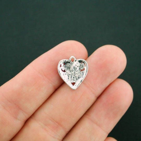 2 Breast Cancer Heart Antique Silver Tone Charms With Inset Rhinestones - SC2715
