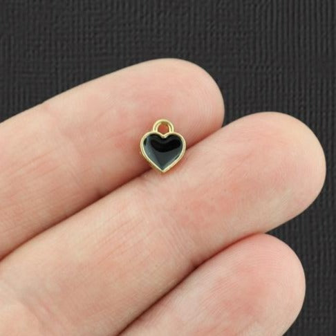 12 Black Heart Gold Tone Enamel Charms - E520