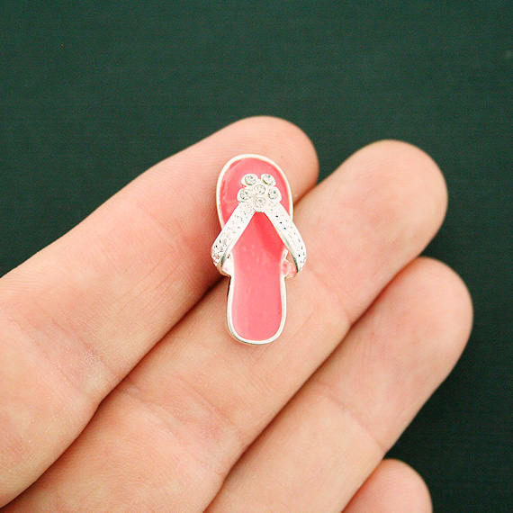 SALE Flip Flop Silver Tone Enamel Charm with Inset Rhinestones - E186
