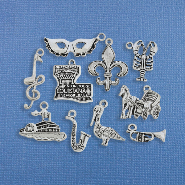 Collection de charmes de la Nouvelle-Orléans ton argent antique 9 breloques différentes - COL173