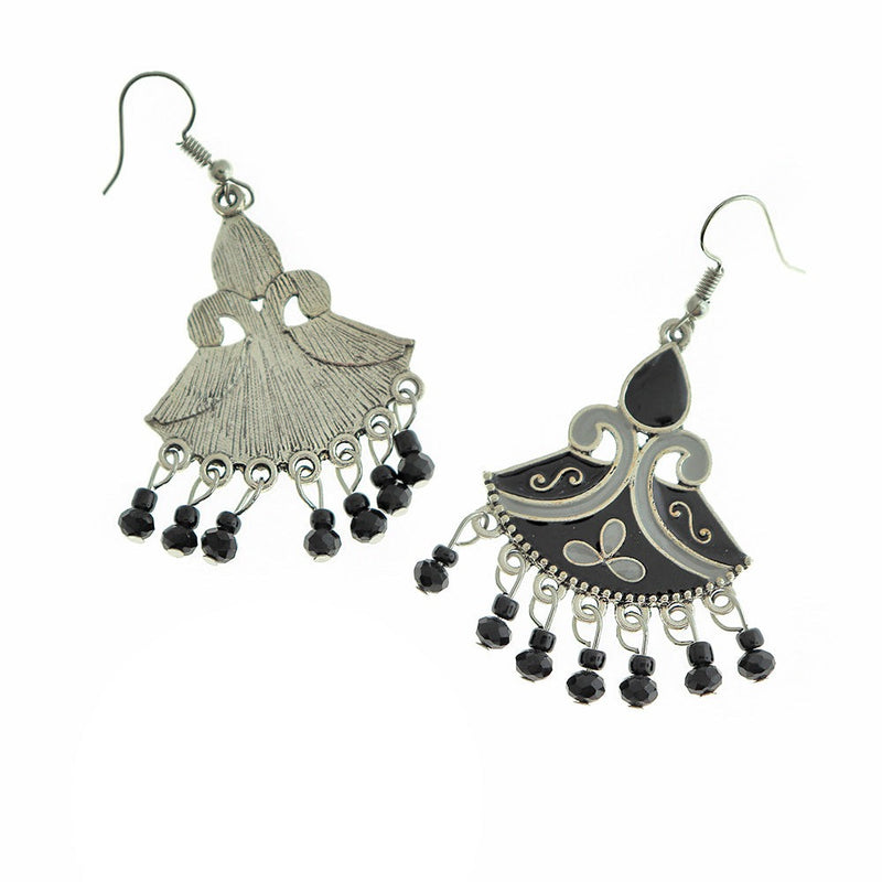 Boucles d'oreilles pendantes en émail noir - Style crochet français argenté - 2 pièces 1 paire - ER544