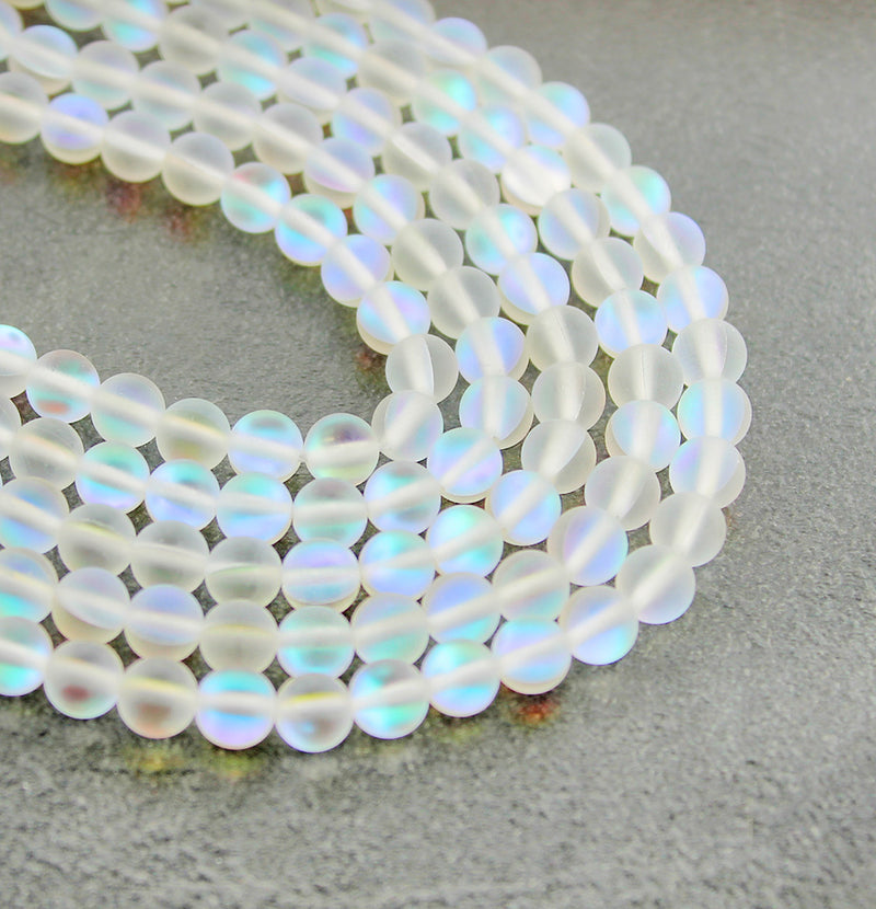 Round Glass Beads 6mm - Frosted Electroplated Imitation Moonstone - 1 Strand 61 Beads - BD414