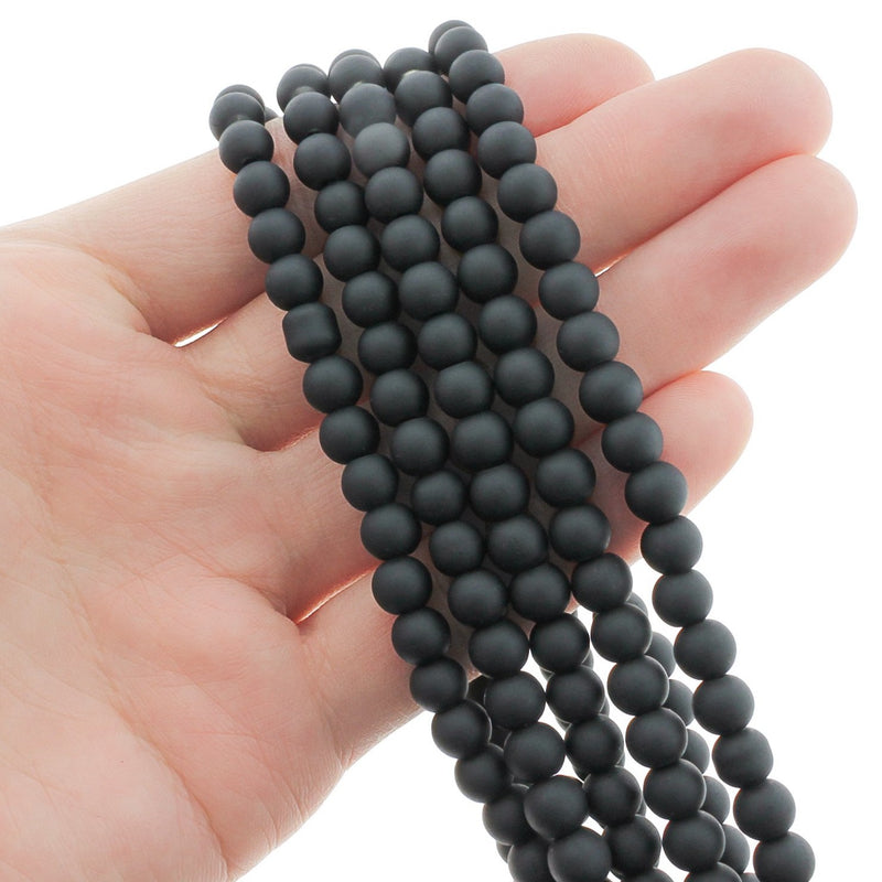 Round Glass Beads 6mm - Frosted Black - 1 Strand 140 Beads - BD2487