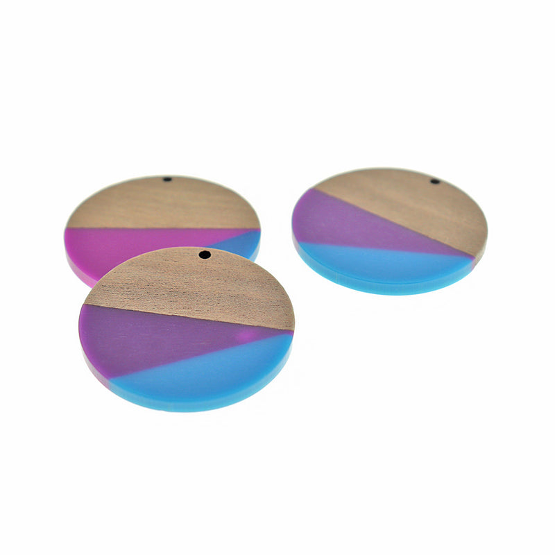 Round Natural Wood and Resin Charm 38mm - Purple and Blue - WP503