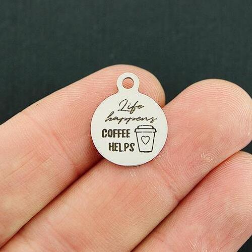 Life Happens Stainless Steel Small Round Charms - Coffee Helps - BFS002-4703