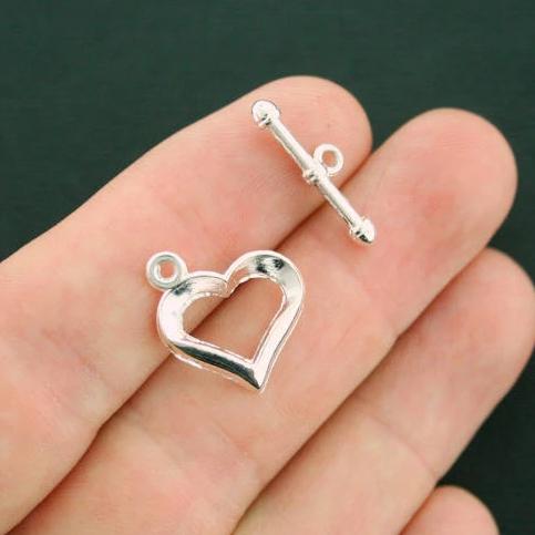Heart Silver Tone Toggle Clasps 18mm x 17mm - 5 Sets 10 Pieces - SC3055