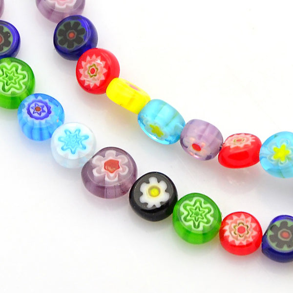 Flat Round Glass Beads 6mm x 3mm - Assorted Floral Millefiori - 1 Strand 64 Beads - BD1577